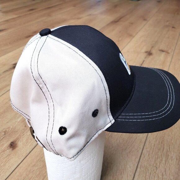 CAT Caterpillar Raised Logo Adjustable Strap Back Curve Bill Style Black Tan Hat - Picture 3 of 11